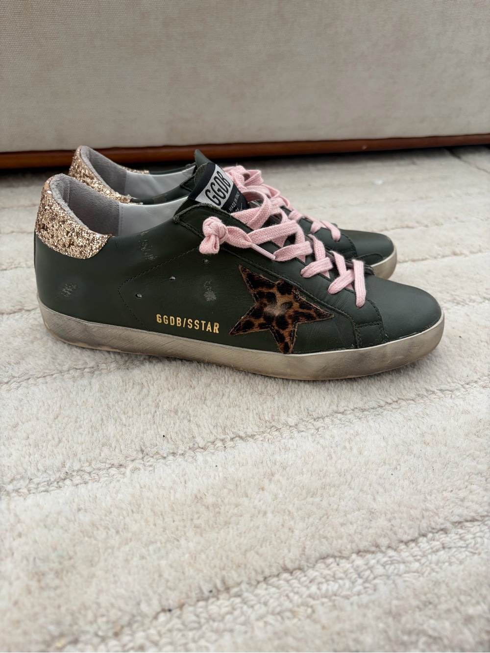 Golden Goose Super-Star Sneakers - Size 38 - Olive Green Leather/Leopard/Gold